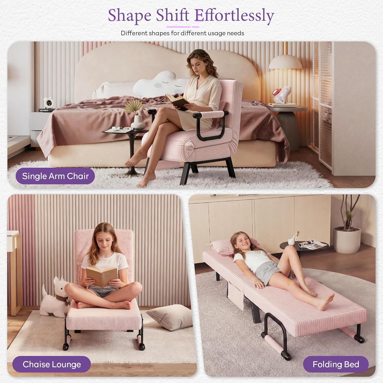 TYBOATLE Sleep Chair Bed, Comfy Convertible Sleeper Chairs for Adults, 5 in 1 Folding Sofa Bed with Adjustable Backrest & Side Pockets & Pillow, Cozy Small Corduroy Couch for Small Spaces (Pink)