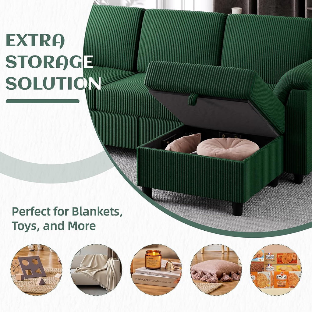 Vongrasig Convertible Sectional Couch, 3 Seat L Shaped Sofa with Removable Pillows Linen Fabric Small Modern Couch Mid Century for Living Room, Apartment and Office, Green