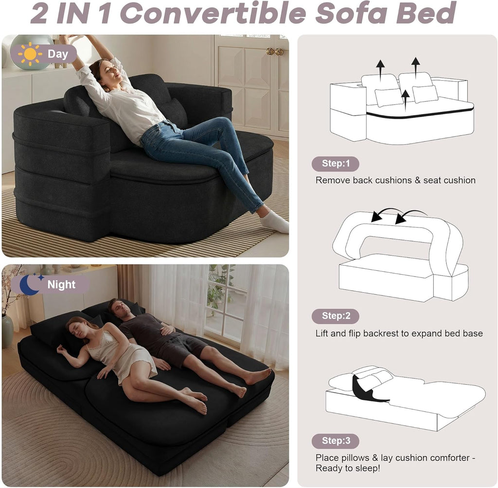 75'' Folding Sleeper Sofa Bed, Convertible Memory Foam Boneless Couch, Foldable Full Size Guest Bed, Modern 2-in-1 Futon Floor Sleeper Sofa with 4 Pillows and Blanket (Chenille, Black1)
