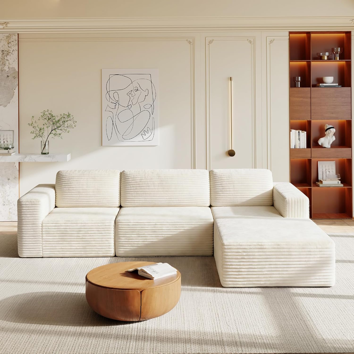 Vesgantti 119" L-Shaped Modular Sectional Sofa, Corduroy Cloud Couch with Deep Seating & Spring Support, Flexible Layout Sofa with Ottoman, Boneless Style, No Assembly Required, Beige