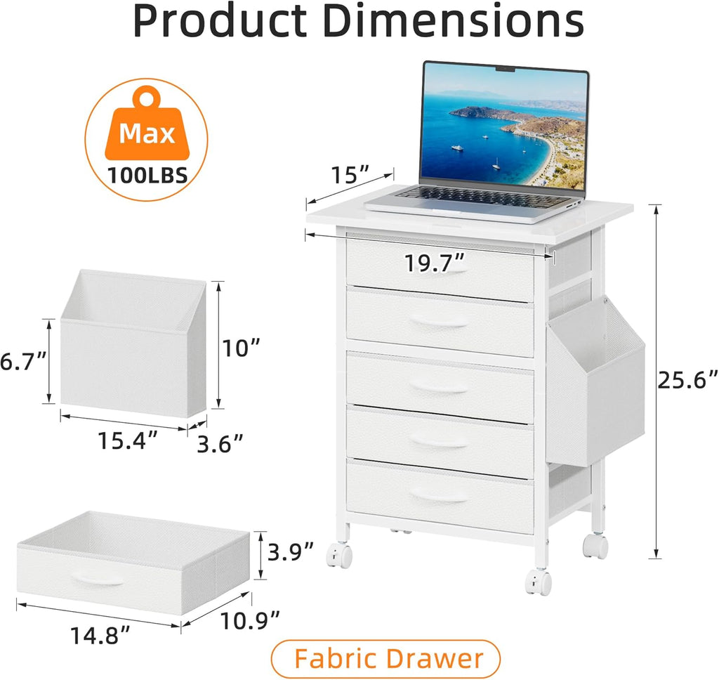 HIGDBFE 5 Fabric Drawers File Cabinet with Side Pocket, Rolling Printer Stand with Storage for Home Office, Wood Top Storage Cabinet for Documents and Crafts, White, 15" D