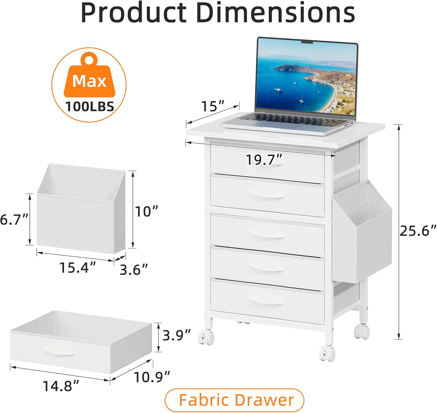 HIGDBFE 5 Fabric Drawers File Cabinet with Side Pocket, Rolling Printer Stand with Storage for Home Office, Wood Top Storage Cabinet for Documents and Crafts, White, 15" D