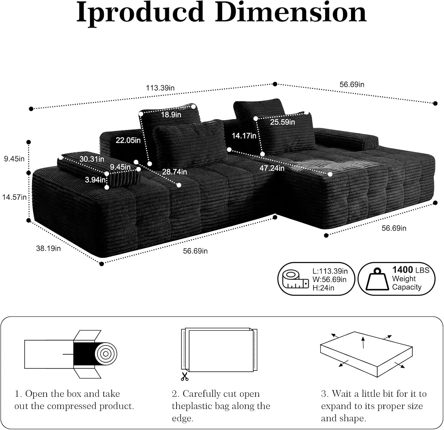 114" Sectional Couches for Living Room Cloud Couch Sofa with L-Shape Upholstered Boneless Couchs Modern Modular Sectional Couch with Chaise (Black, 114" W+Right Facing Chaise) | boneless couch, No Assembly Required