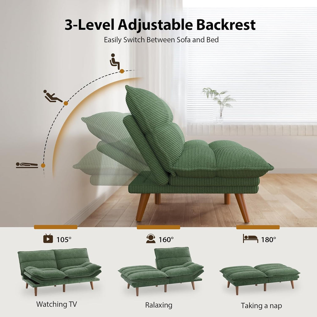 Pipishell Futon Sofa Bed, Convertible Futon Adjustable Backrest & Armrests, Corduroy Sleeper Couch for Small Spaces, Living Room, Office, Guest Room (Moss Green, 66 Inch)