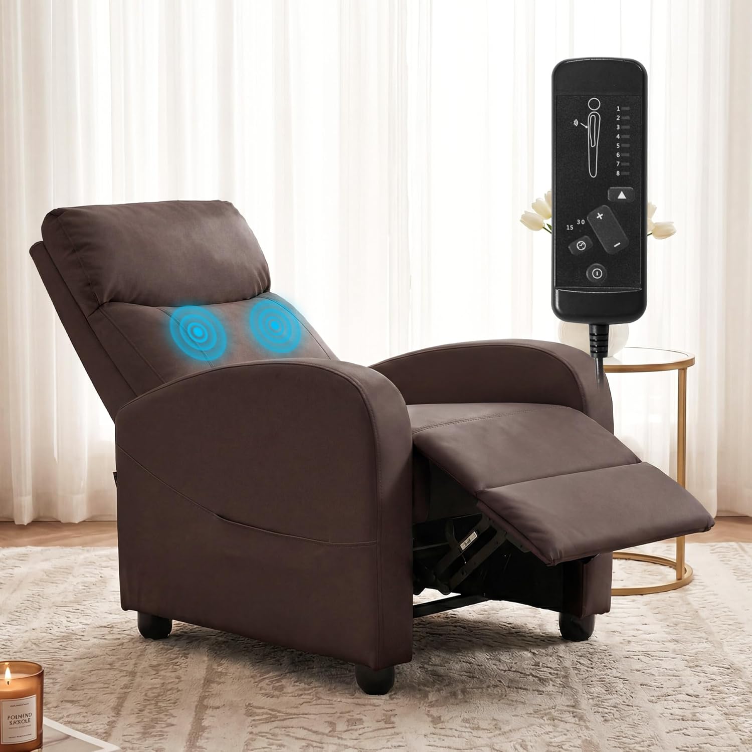 Sweetcrispy Massage Recliner Chair for Adults, Adjustable Home Theater Seating with Lumbar Support for Living Room, Modern Fabric Reclining, Brown