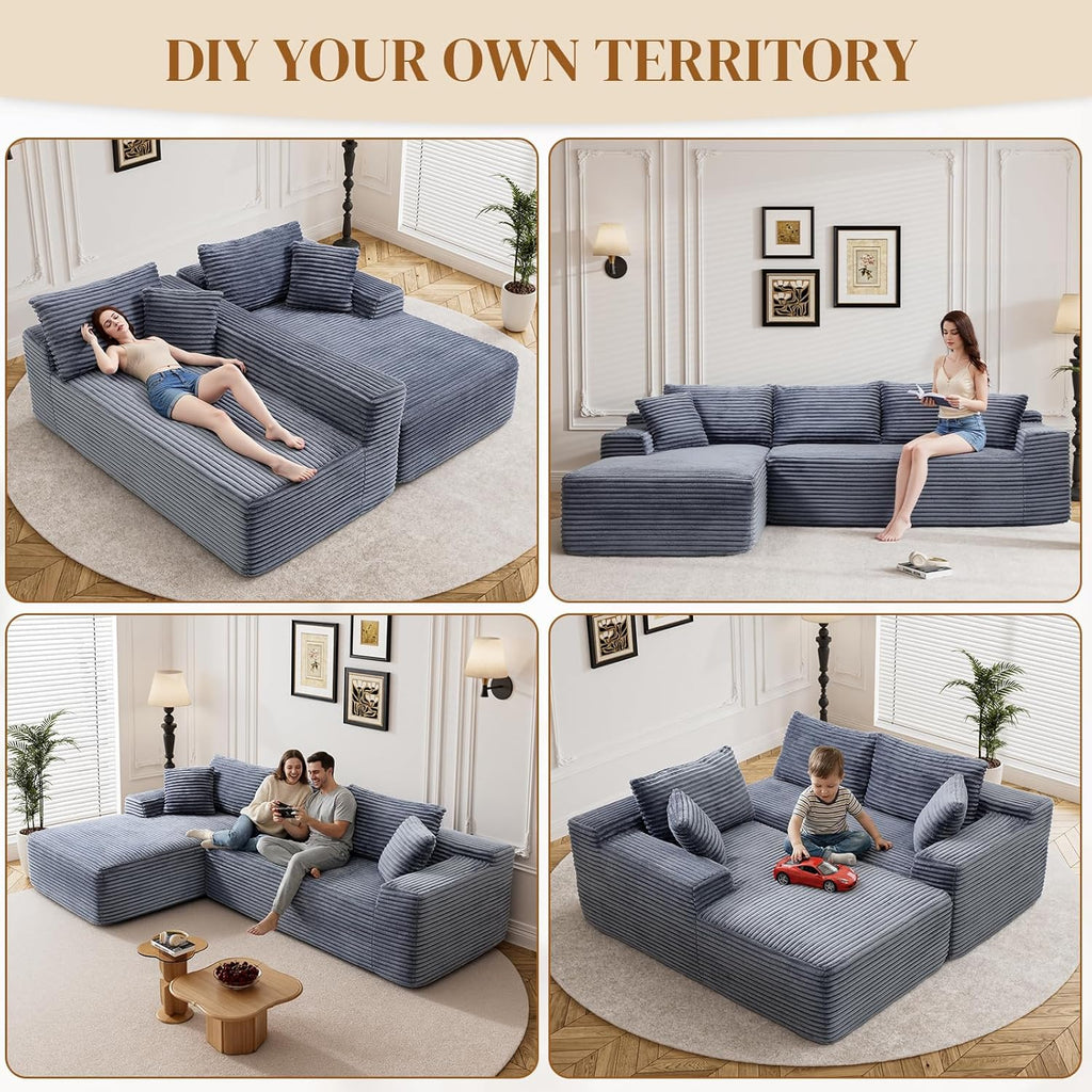 95" Boneless Cloud Sectional Couches for Living Room, Comfy Fluffy L Shaped Memory Foam Deep Seat Boneless Couch, Modular Sectional Sofa with Left Facing Chaise, Grey