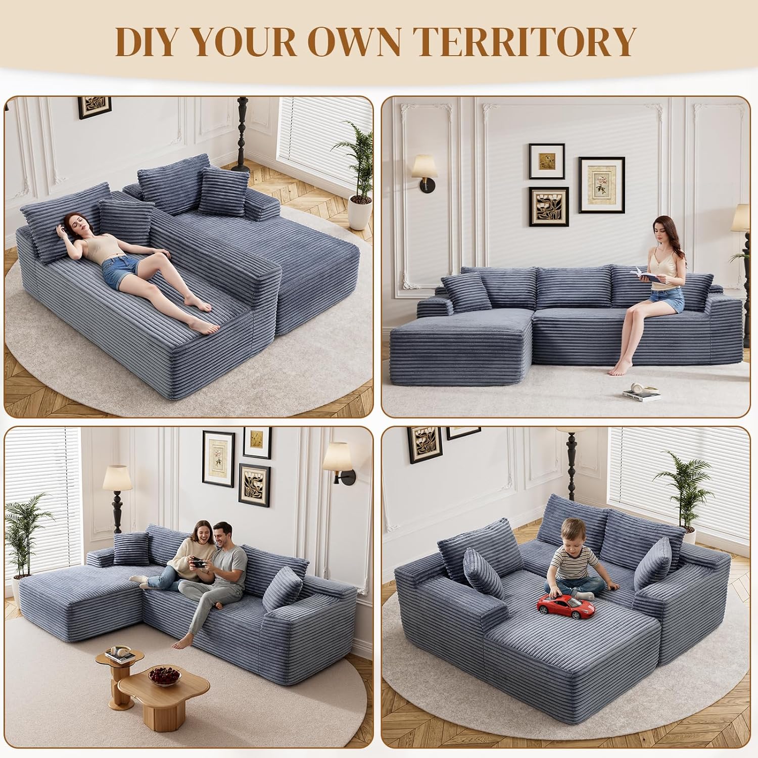 95" Boneless Cloud Sectional Couches for Living Room, Comfy Fluffy L Shaped Memory Foam Deep Seat Boneless Couch, Modular Sectional Sofa with Left Facing Chaise, Grey