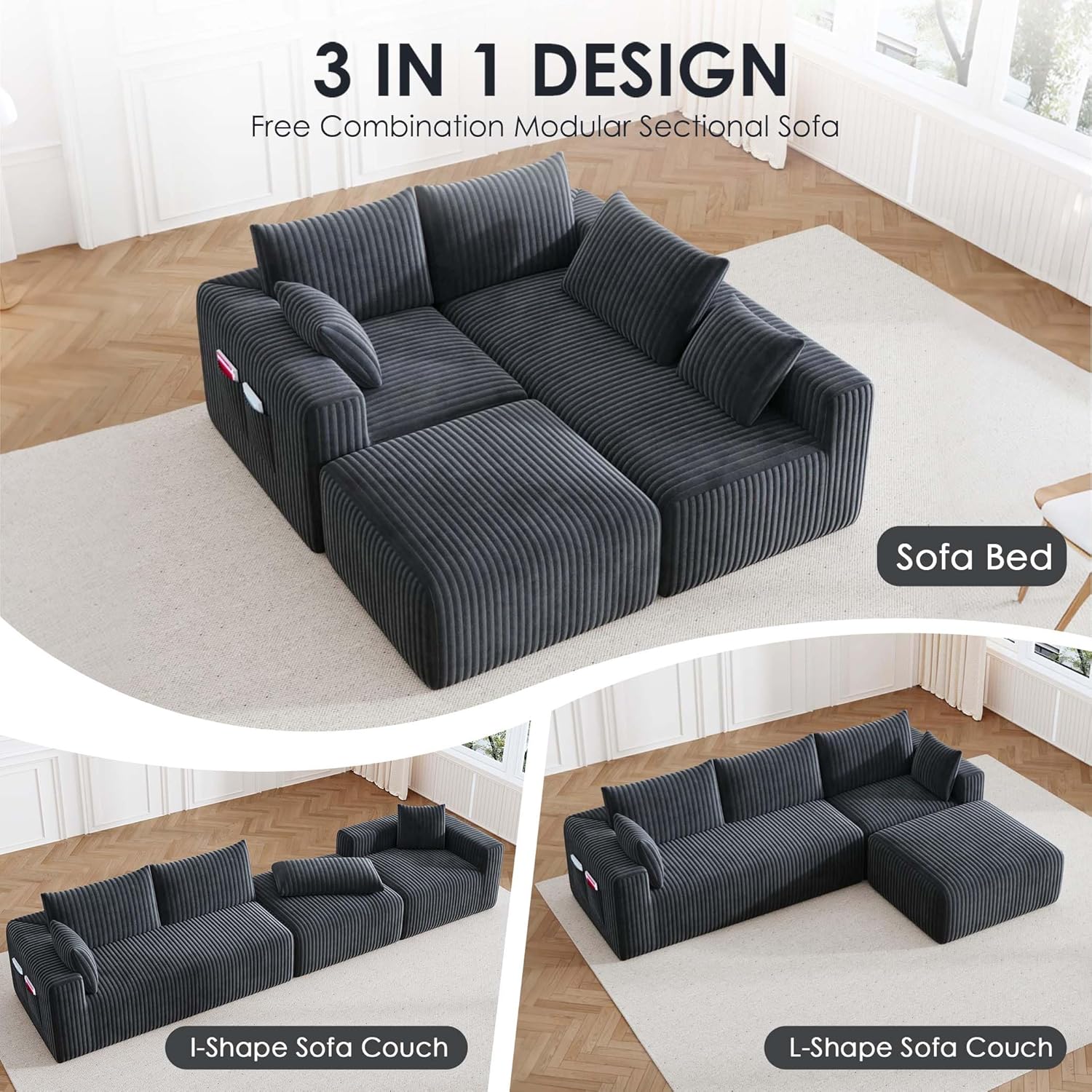 108" Cloud Couch Modular Sectional Sofa for Living Room,L Shaped Boneless Couch with Deep Seat Chaise,No Assembly Required Foam Sleeper Sofa for Apartments,Plush Corduroy Fabric, Dark Grey