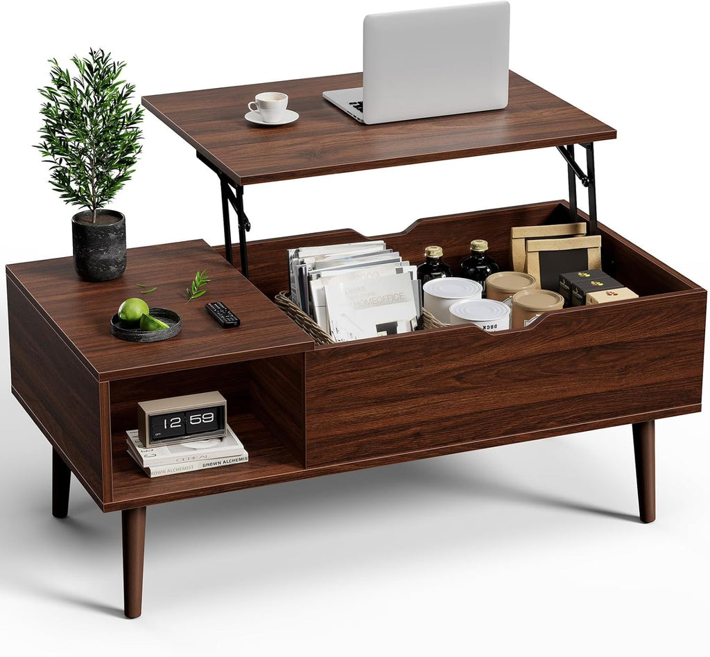 OLIXIS Wood Lift Top Coffee Table with Hidden Compartment and Large Storage Shelf, Lift Tabletop Dining Center Table for Home Living Room Office, Dark Brown