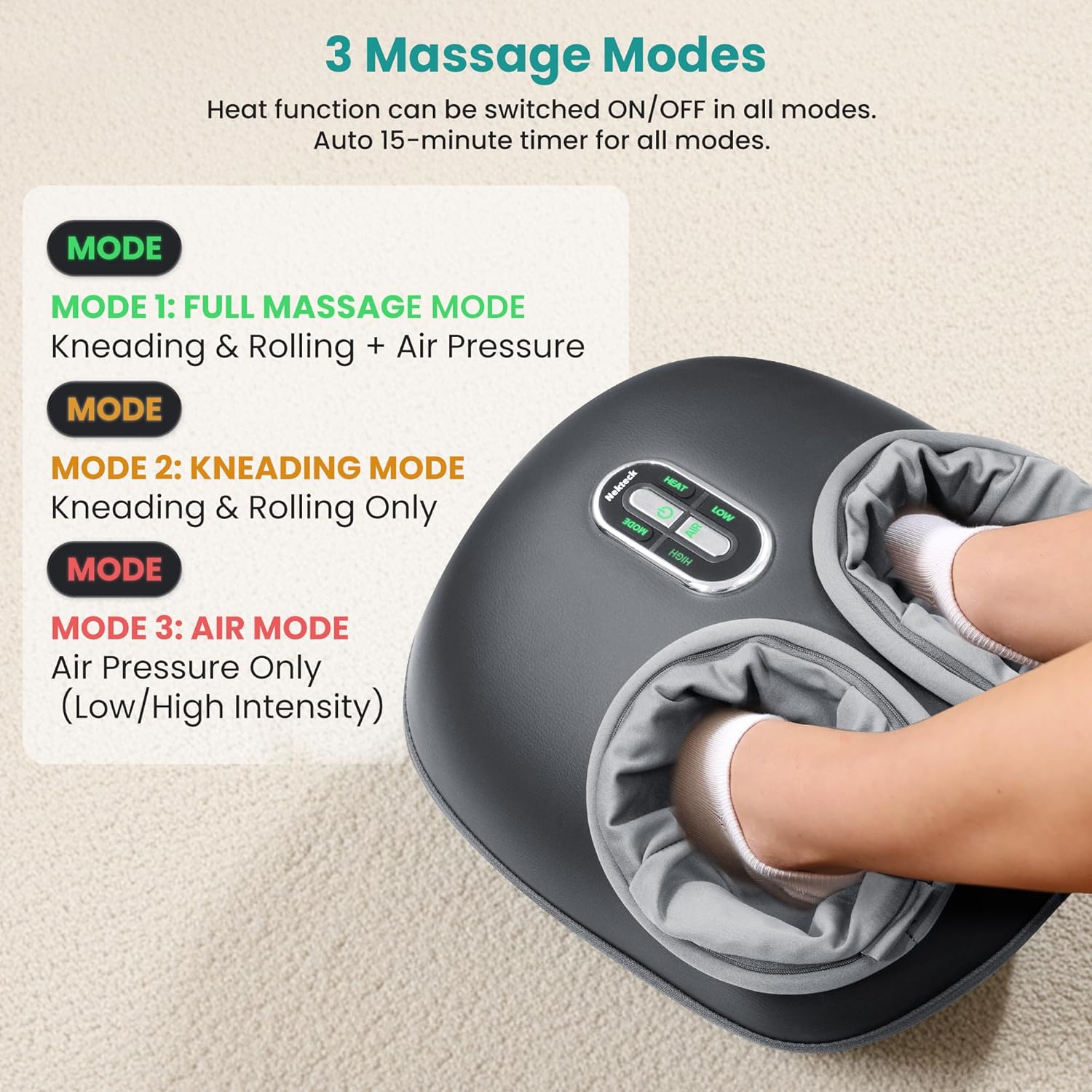Nekteck Shiatsu Foot Massager with Heat 2026 Upgraded, 3 Modes Deep Kneading Therapy Air Compression, Feet Massage Tool for Plantar Fasciitis, Relaxation Gifts for Men Women, Fits Size to US 13