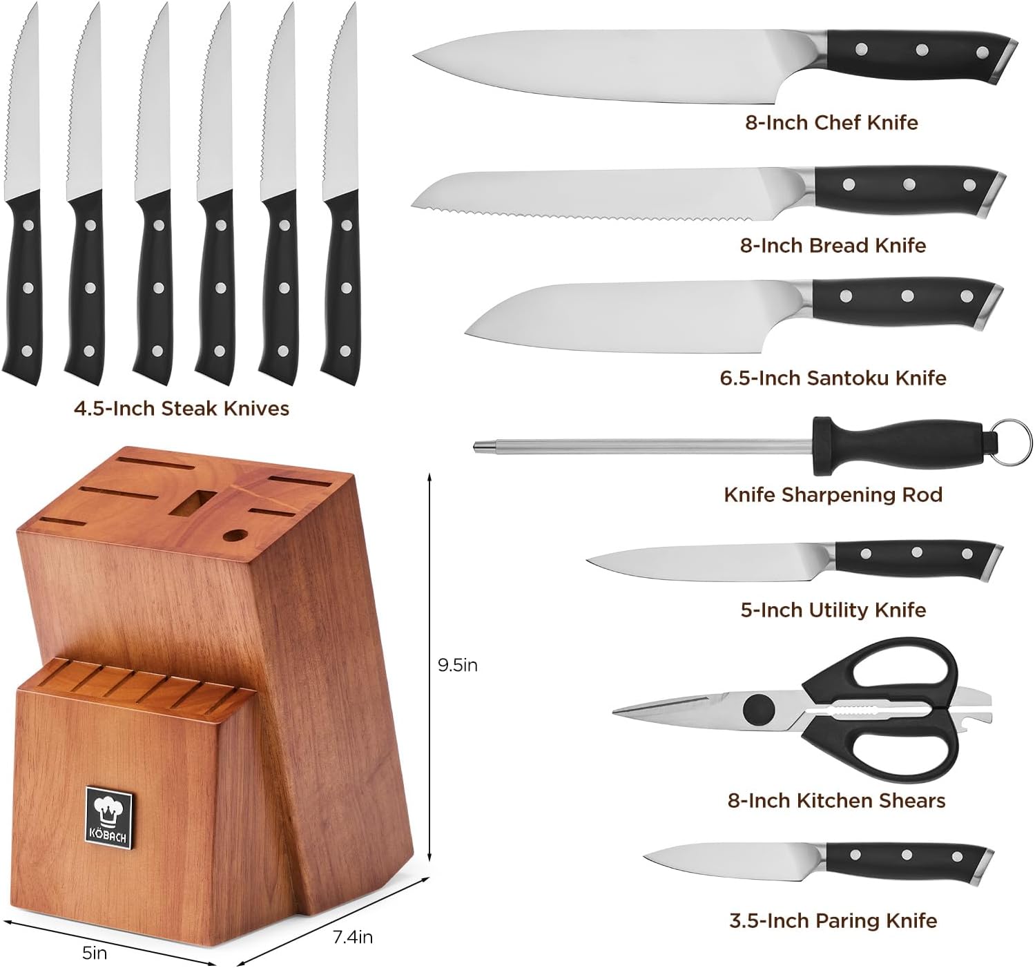 14 PCS Knife Set with Oak Wood Block,High Carbon Stainless Steel Kitchen Knife Set with Chef Knife, Santoku, Bread, Paring,Steak Knives, Kitchen Shears Sharp Knife Block Set with Sharpener