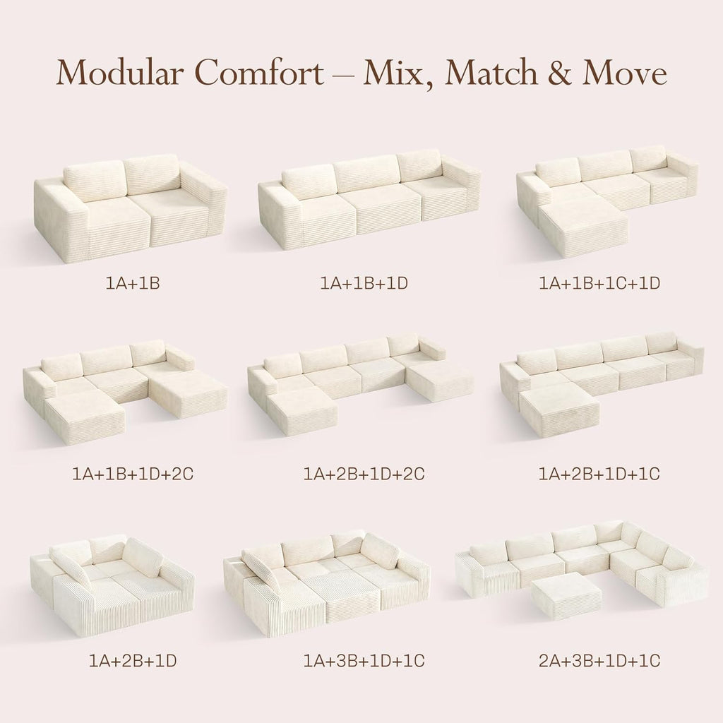 Vesgantti 119" L-Shaped Modular Sectional Sofa, Corduroy Cloud Couch with Deep Seating & Spring Support, Flexible Layout Sofa with Ottoman, Boneless Style, No Assembly Required, Beige