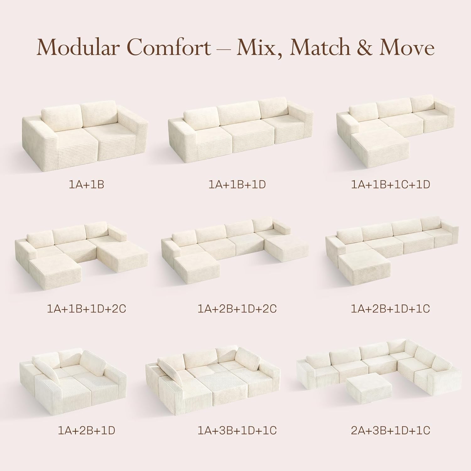 Vesgantti 119" L-Shaped Modular Sectional Sofa, Corduroy Cloud Couch with Deep Seating & Spring Support, Flexible Layout Sofa with Ottoman, Boneless Style, No Assembly Required, Beige