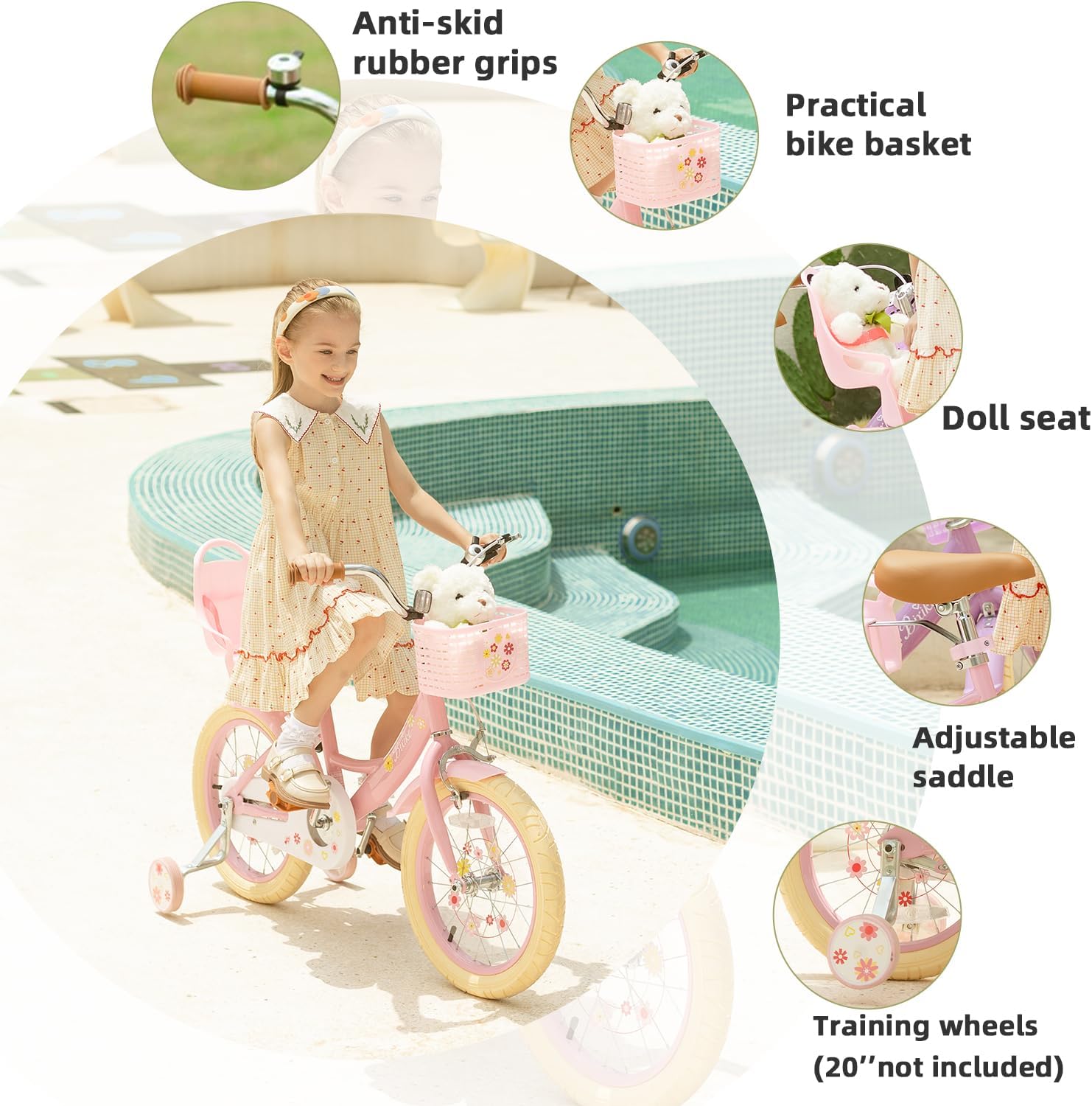 Bixike Girls Bike with Basket for Toddlers and Kids Aged 3-14 Years Old, 12 14 16 18 Inch with Training Wheels & Doll Seat, 20 Inch with Kickstand & Rear Rack, Princess Style Bicycle for Gift.