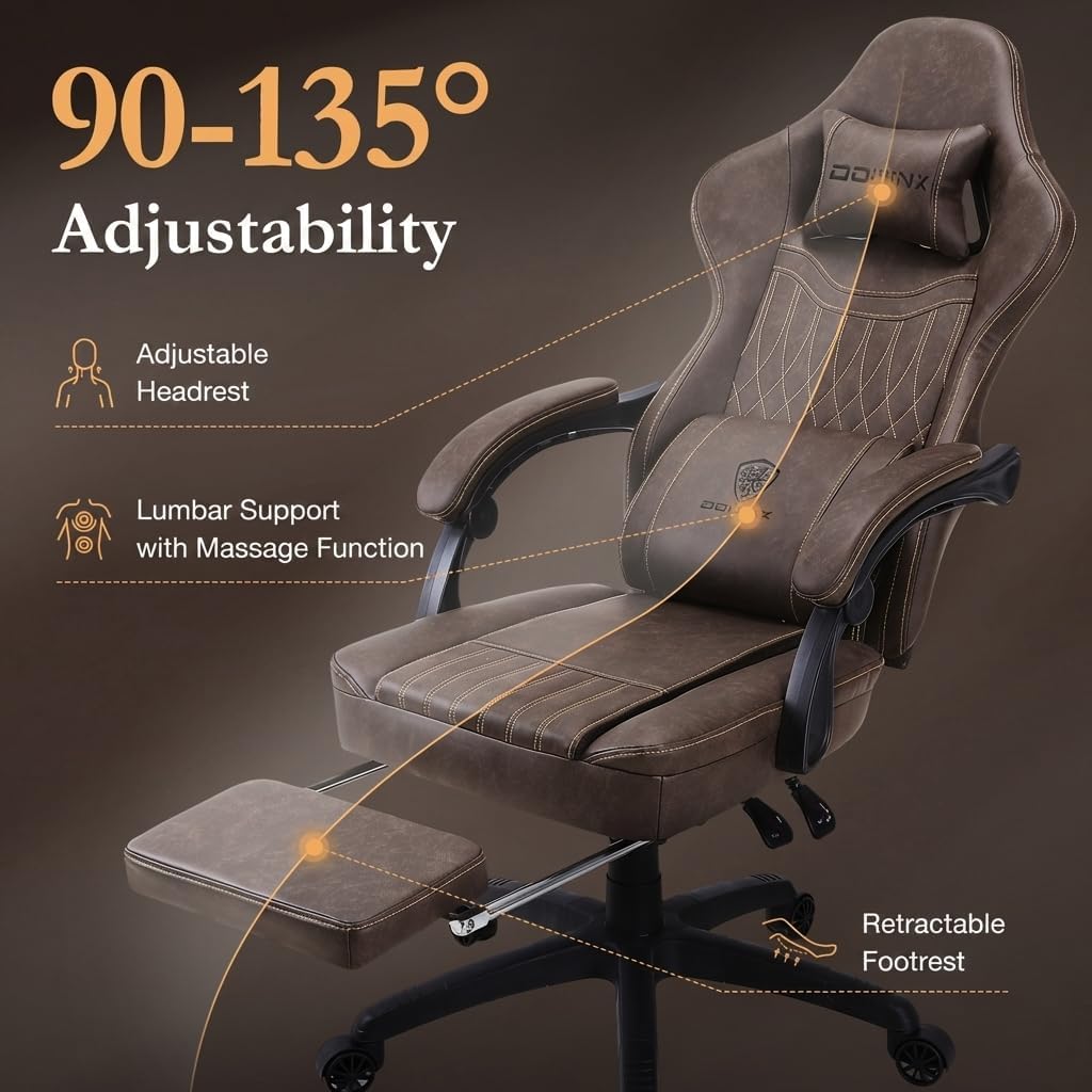 Dowinx Gaming Chair Breathable PU Leather Gamer Chair with Footrest Massage Lumbar Support, Big and Tall Ergonomic Reclining Computer Chair with Pocket Spring Cushion for Adults Teens (Brown)