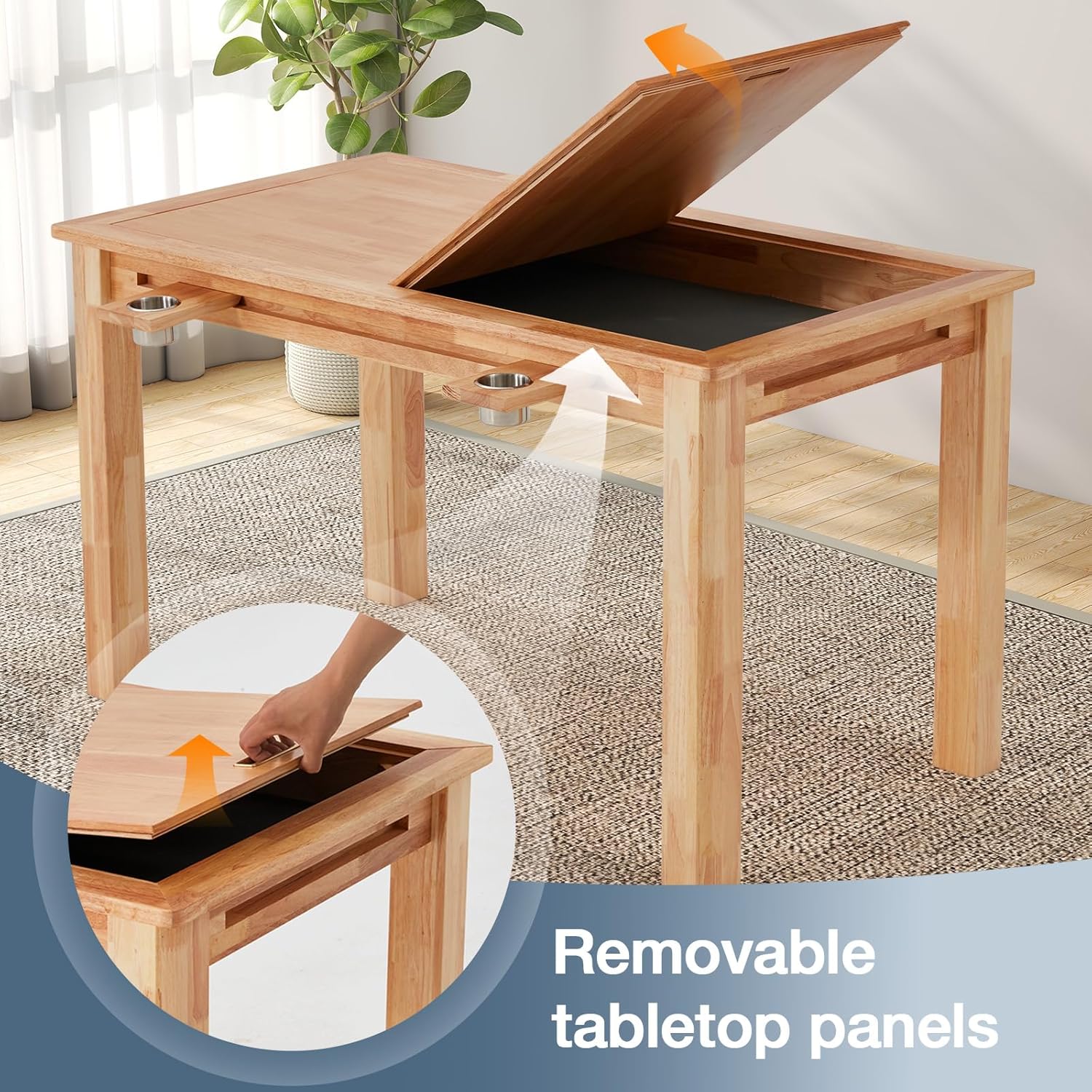 Oak Board Game Table with Removable Table Top, 52" x 29" Play Area, PU Leather Playmat & 4 Cup Holders, Seats 4-6 Players, Dual-Purpose for Gaming & Dining