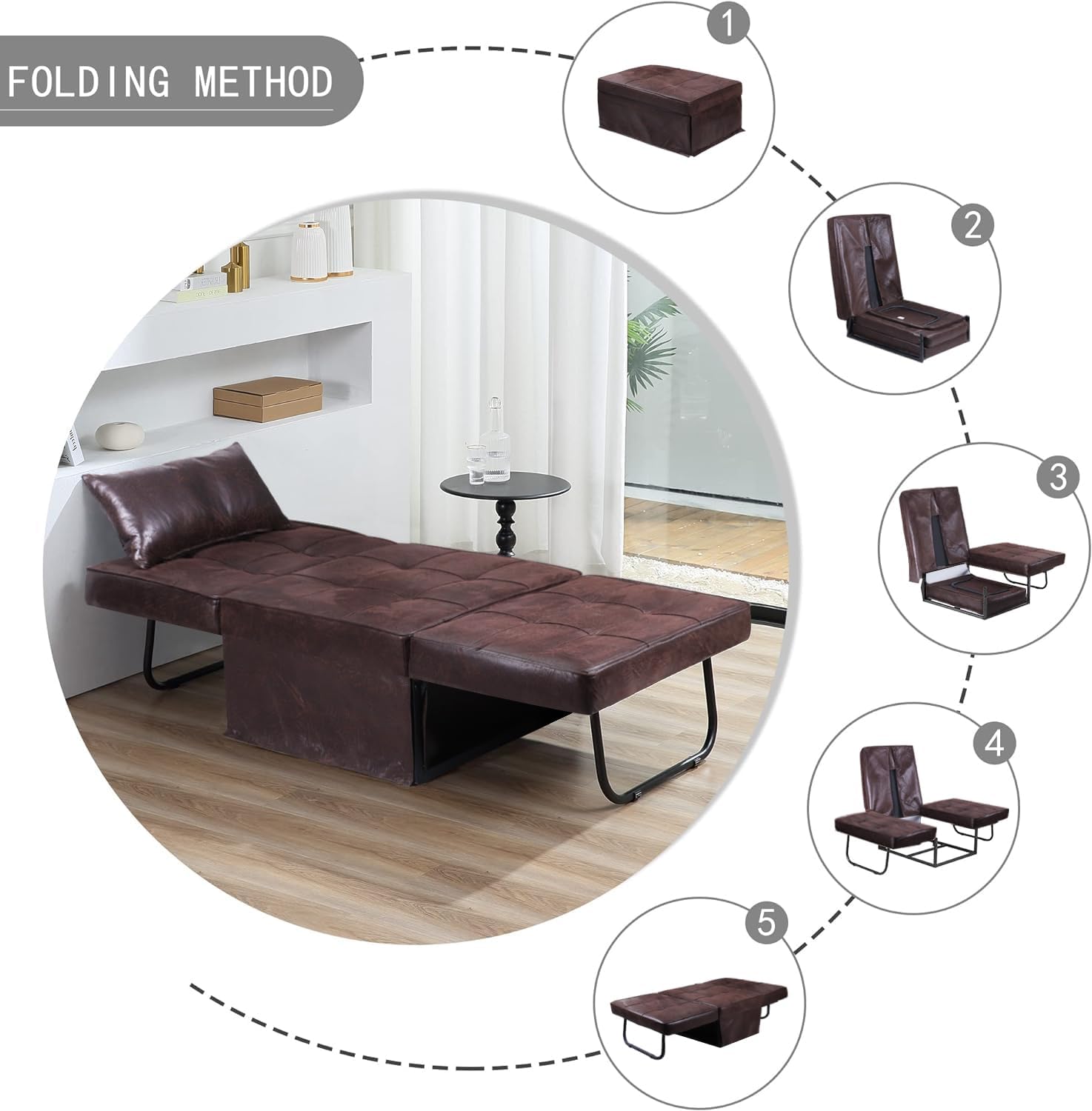 BIGSYY Sofa Bed, Set of 4 in 1 Multi-Function Folding Ottoman Breathable Linen Couch Bed with Adjustable Backrest Modern Convertible Chair for Living Room Apartment Office, PU Imitation, Brown