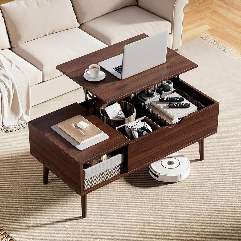 OLIXIS Wood Lift Top Coffee Table with Hidden Compartment and Large Storage Shelf, Lift Tabletop Dining Center Table for Home Living Room Office, Dark Brown