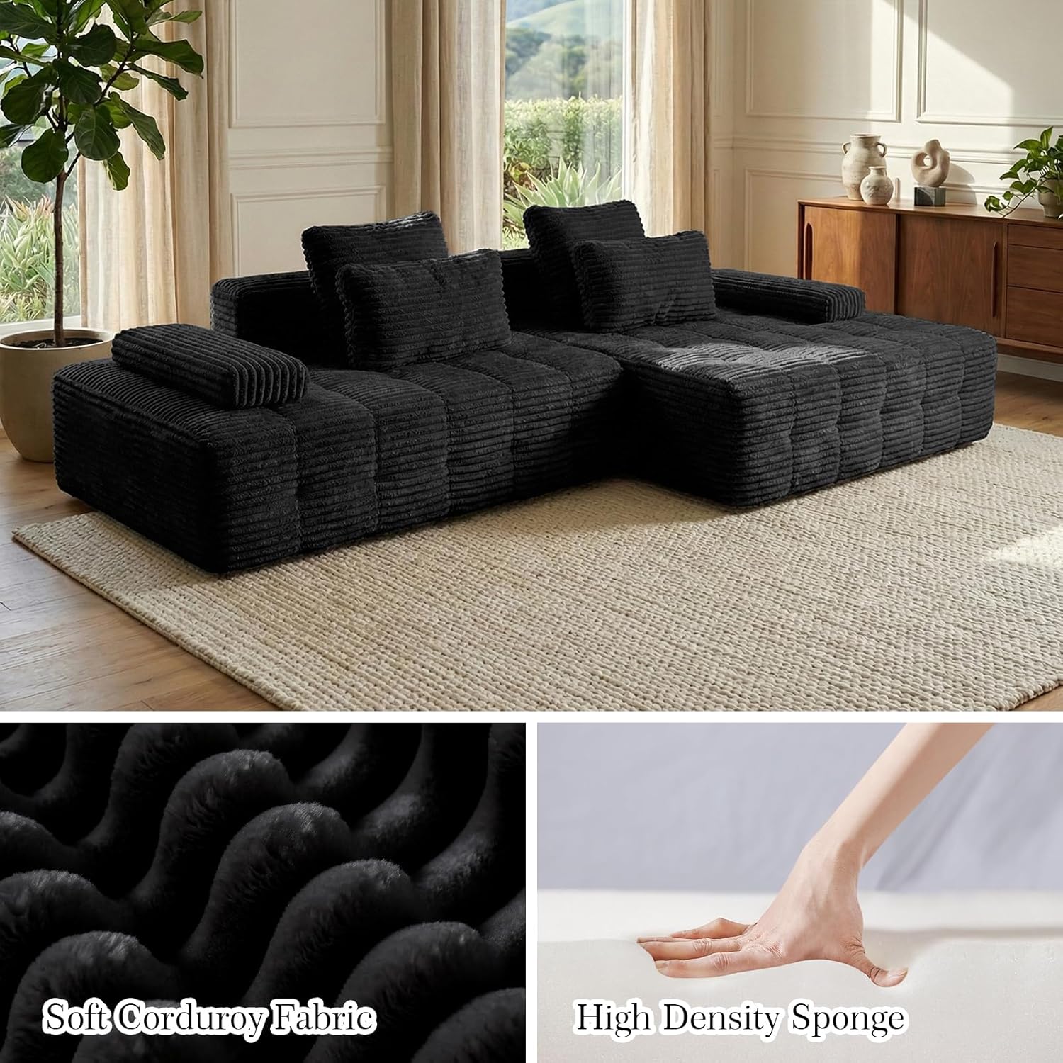 114" Sectional Couches for Living Room Cloud Couch Sofa with L-Shape Upholstered Boneless Couchs Modern Modular Sectional Couch with Chaise (Black, 114" W+Right Facing Chaise) | boneless couch, No Assembly Required