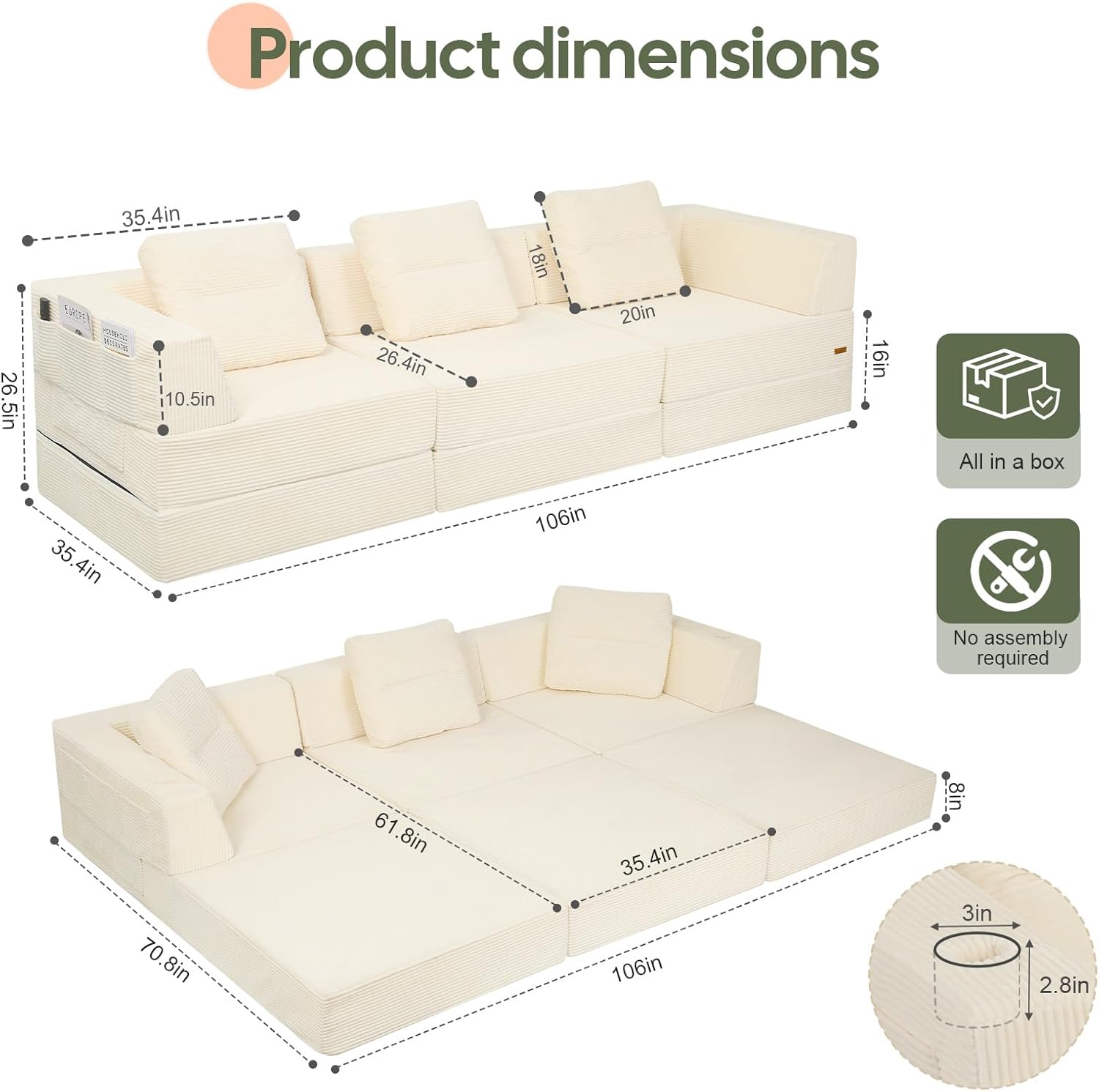COMAX Futon Sofa Bed 3 Seater, 106" Convertible Sofa Bed Couches for Living Room, 4 in 1 Folding Boneless Sleeper Corduroy Couch Foam in a Box, Comfy Foldable Lounge Fold Out Floor Mattress, Beige