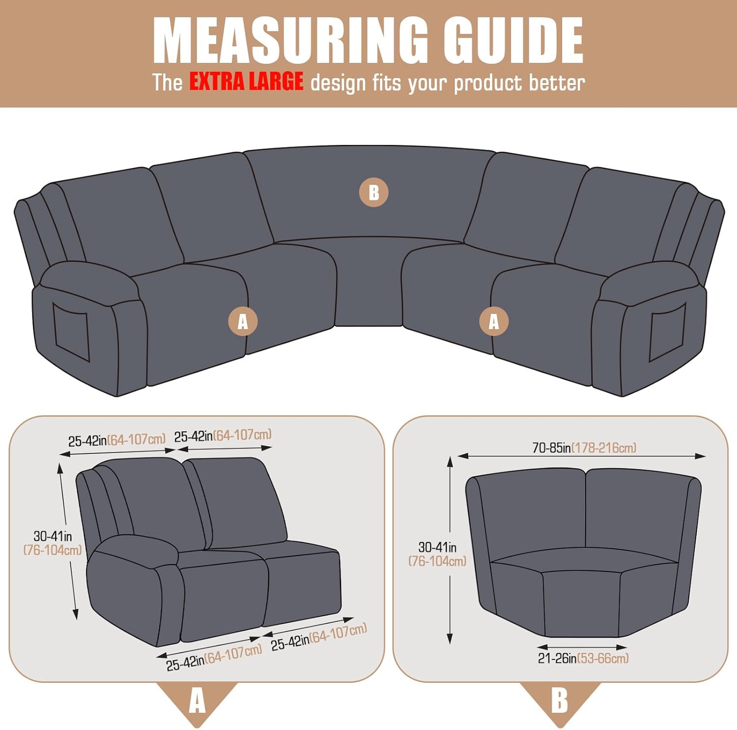 VANSOFY Extra Large Reclining Sectional Couch Covers, Washable 5-Piece Sofa Covers for L Shape Sectional Sofa Corner Seater, Thick, Soft Sofa Slipcovers (5 Seat Recliner Cover,Charcoal Gray)