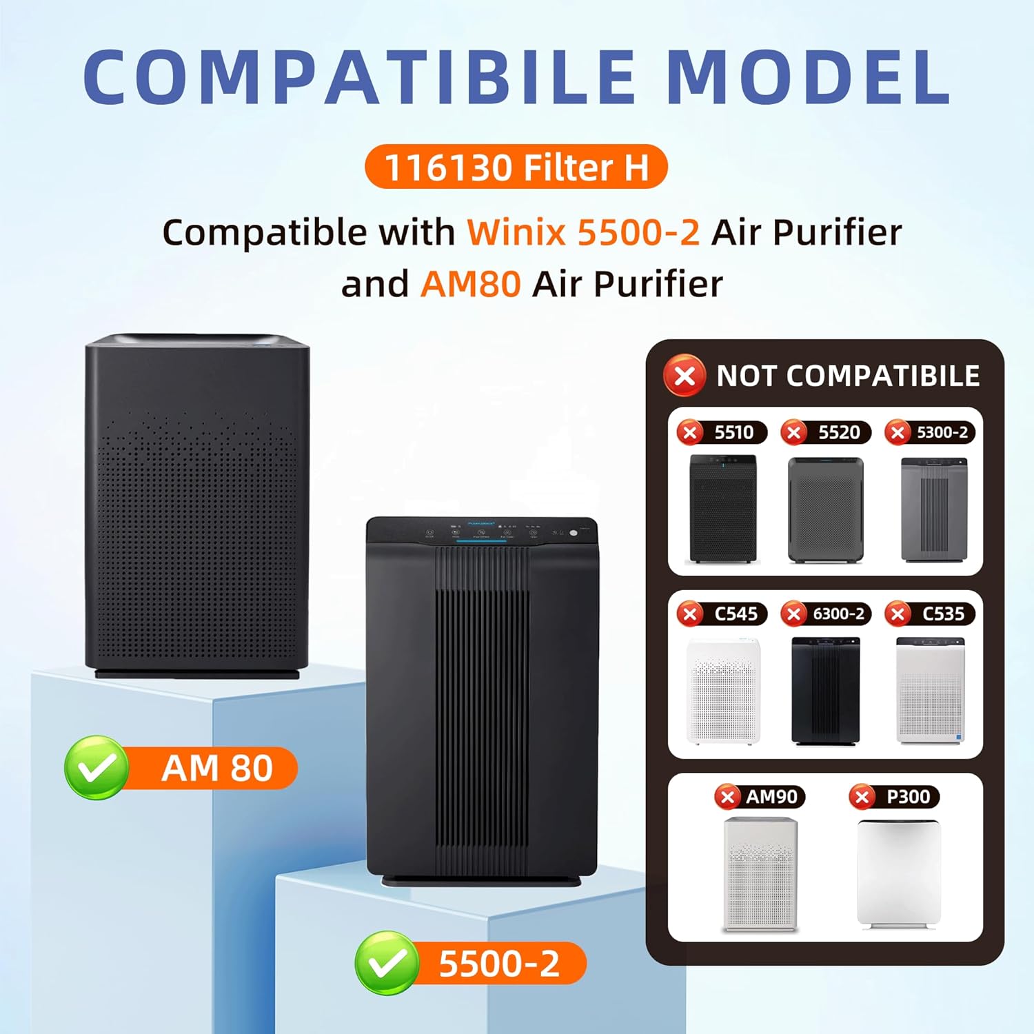 116130 HEPA Replacement Filter H for Winix 5500-2 Am80 Plasmawave Air Purifier,H13 True HEPA High-Efficiency Activated Carbon Filter,2 Combo Set