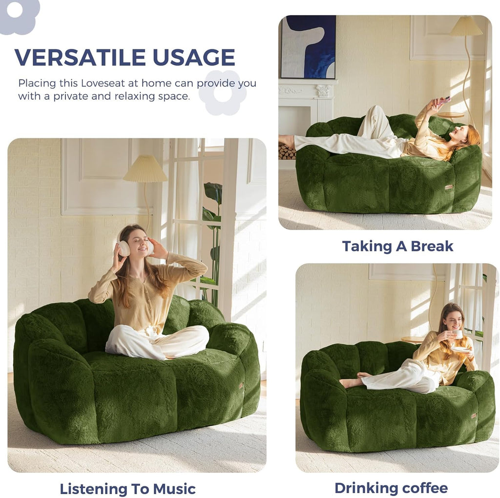 MAXYOYO Bean Bag Chair for Adults, Loveseat Floral Shaped Bean Bag Sofa, Ultra Soft Love Seat Mini Sofa Couch, Faux Fur Reading Chair for Living Room Bedroom, Green