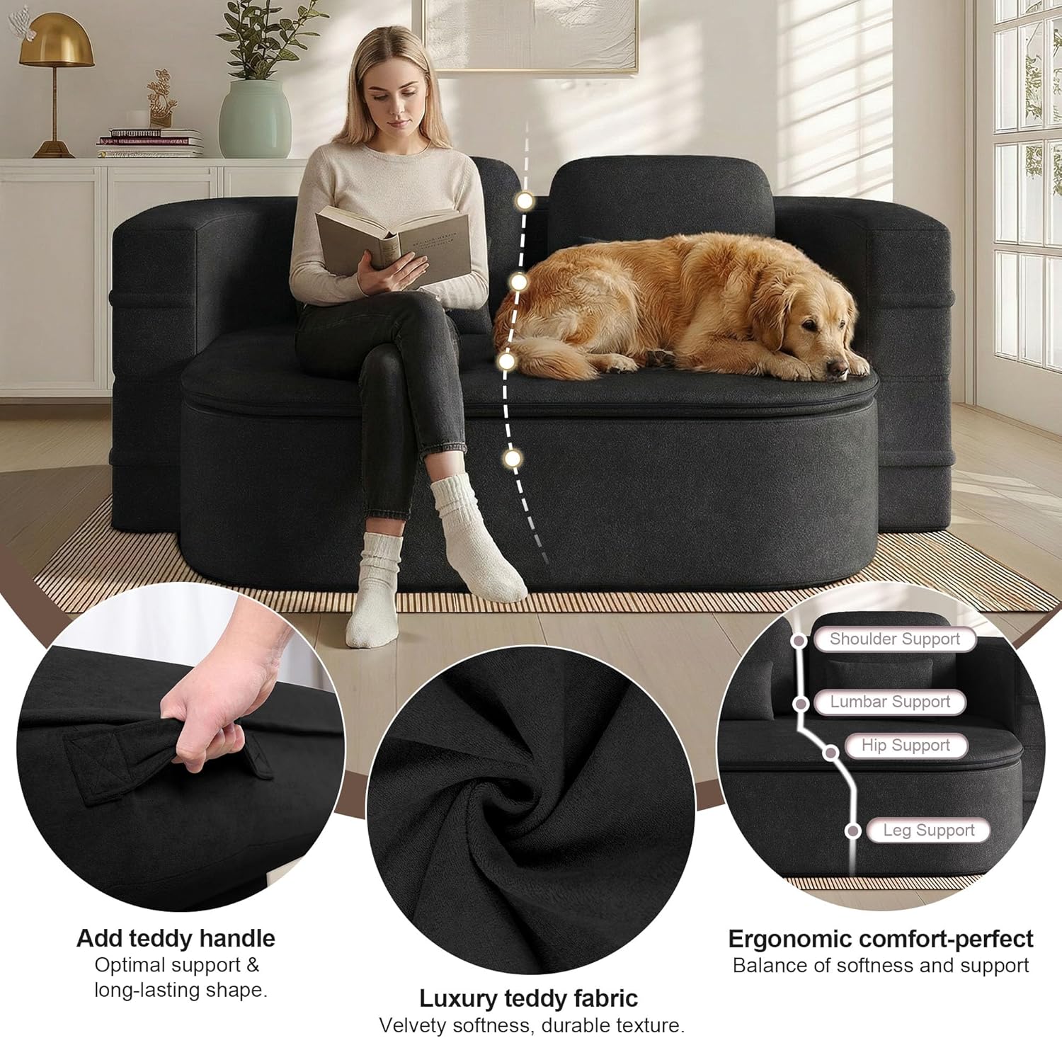 75'' Folding Sleeper Sofa Bed, Convertible Memory Foam Boneless Couch, Foldable Full Size Guest Bed, Modern 2-in-1 Futon Floor Sleeper Sofa with 4 Pillows and Blanket (Chenille, Black1)