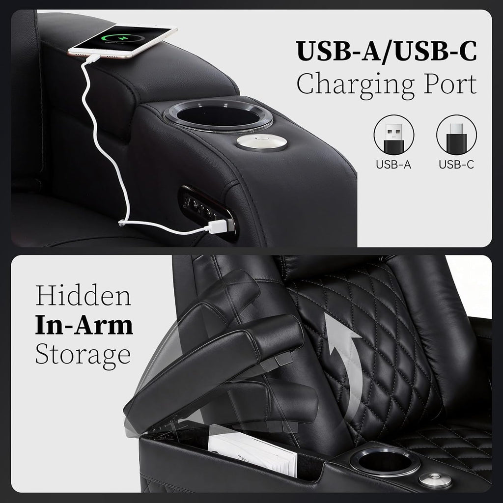 PBRO Home Theater Seating Genuine Leather Recliner Chair, Power Reclining & Headrest, USB A/C Charging Ports, Tray Table, Cup Holder Ambient Lighting Black Row of 4