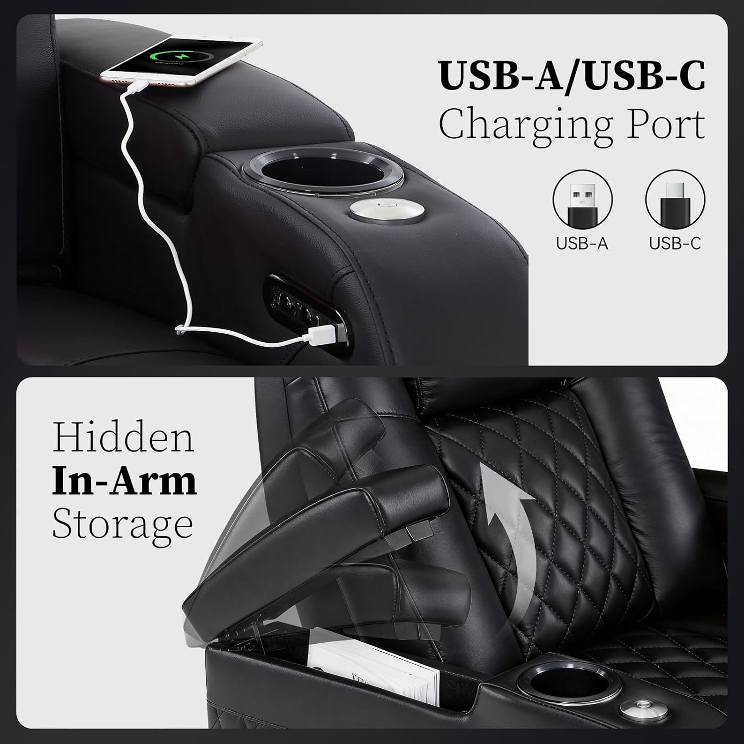 PBRO Home Theater Seating Genuine Leather Recliner Chair, Power Reclining & Headrest, USB A/C Charging Ports, Tray Table, Cup Holder Ambient Lighting Black Row of 4