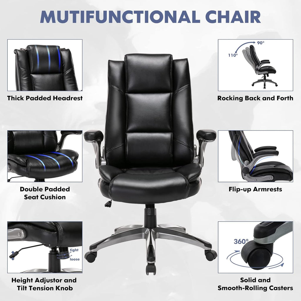 COLAMY Leather Executive Office Chair - High Back Home Computer Desk Chair with Padded Flip-up Arms, Adjustable Tilt Lock, Swivel Rolling Ergonomic Chair for Adult Working Study, Black