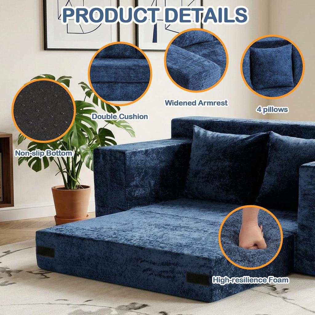 Boneless Loveseat Sofa Bed, 3-in-1 Convertible Sofa Bed Sleeper Sofa Floor Futon Couch for Living Room, Velvet-Blue