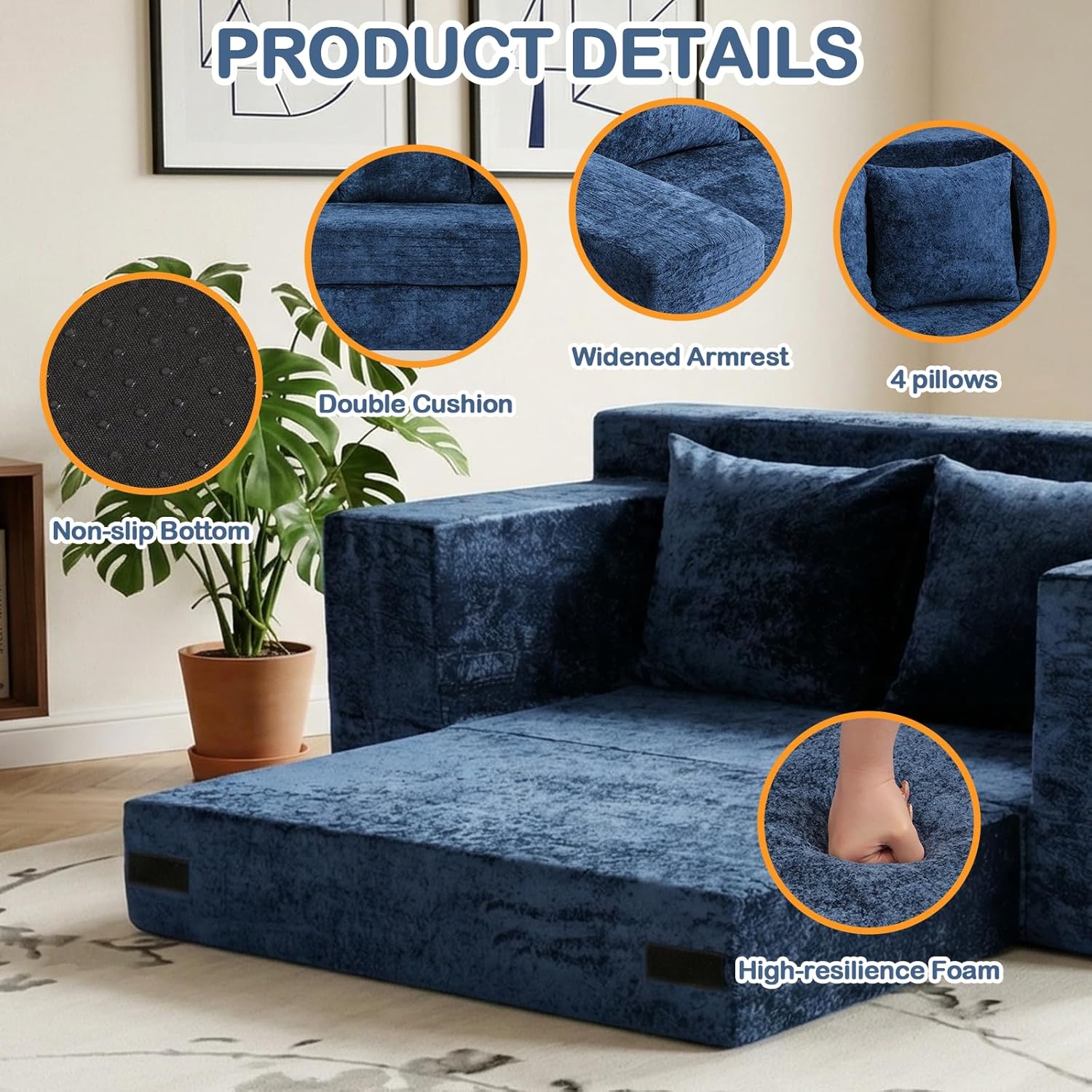 Boneless Loveseat Sofa Bed, 3-in-1 Convertible Sofa Bed Sleeper Sofa Floor Futon Couch for Living Room, Velvet-Blue