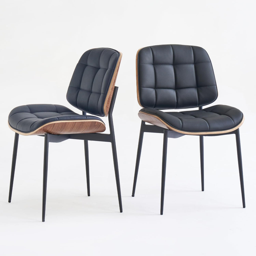 GrandNoor Mid Century Modern Dining Chairs with Walnut Grain Back, Black Faux Leather Dining Room Chairs Set of 4, Checkered Soft Cushion Kitchen Chairs with Adjustable Foot Pads