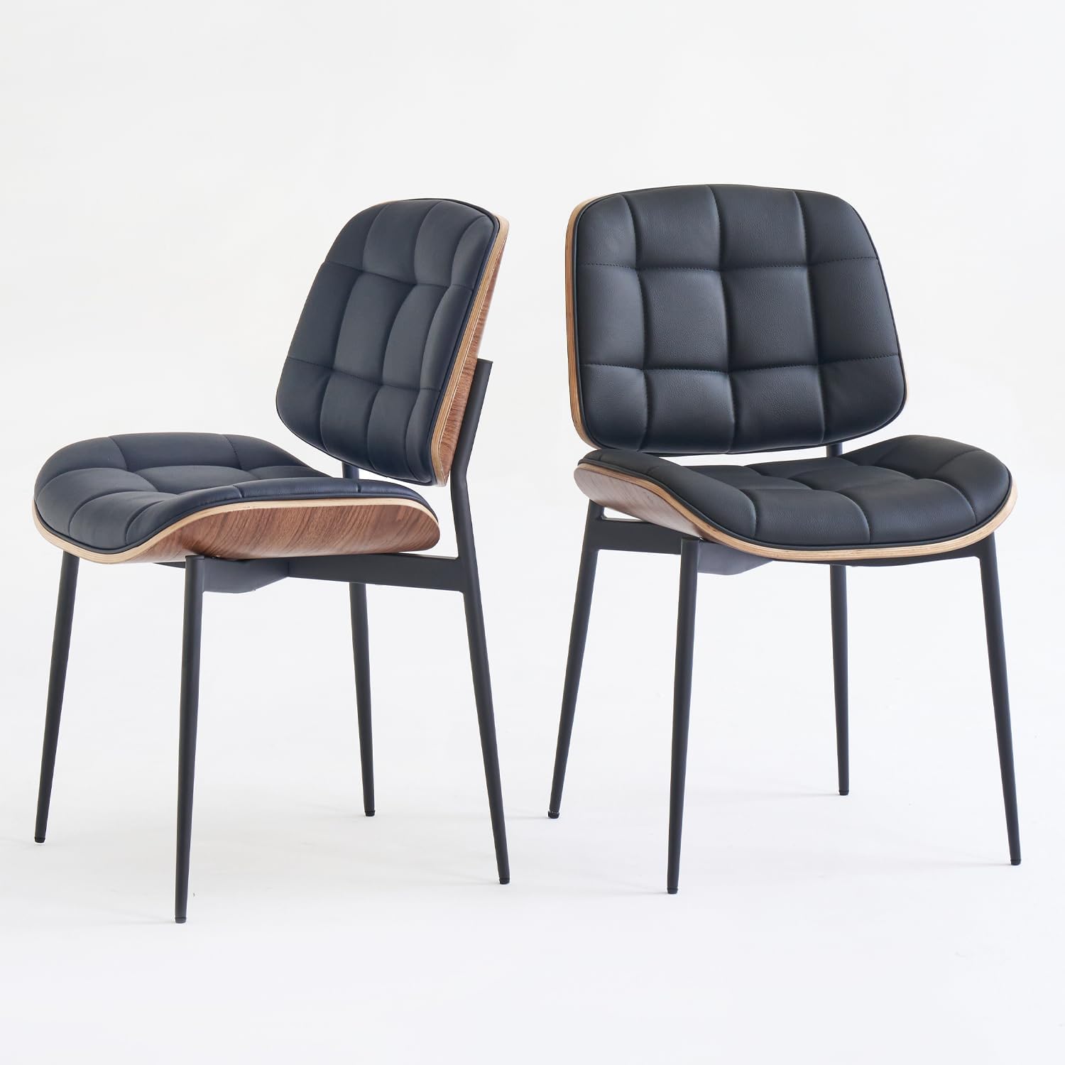 GrandNoor Mid Century Modern Dining Chairs with Walnut Grain Back, Black Faux Leather Dining Room Chairs Set of 4, Checkered Soft Cushion Kitchen Chairs with Adjustable Foot Pads