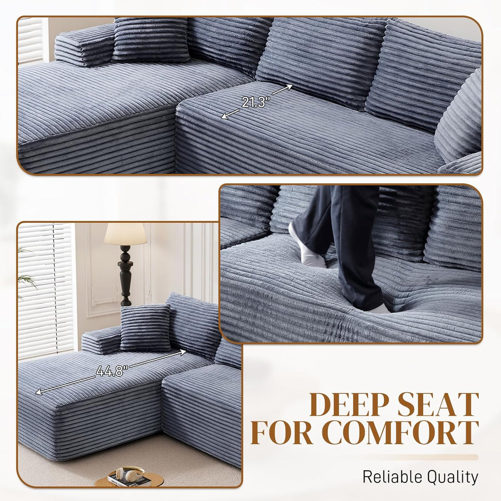 95" Boneless Cloud Sectional Couches for Living Room, Comfy Fluffy L Shaped Memory Foam Deep Seat Boneless Couch, Modular Sectional Sofa with Left Facing Chaise, Grey