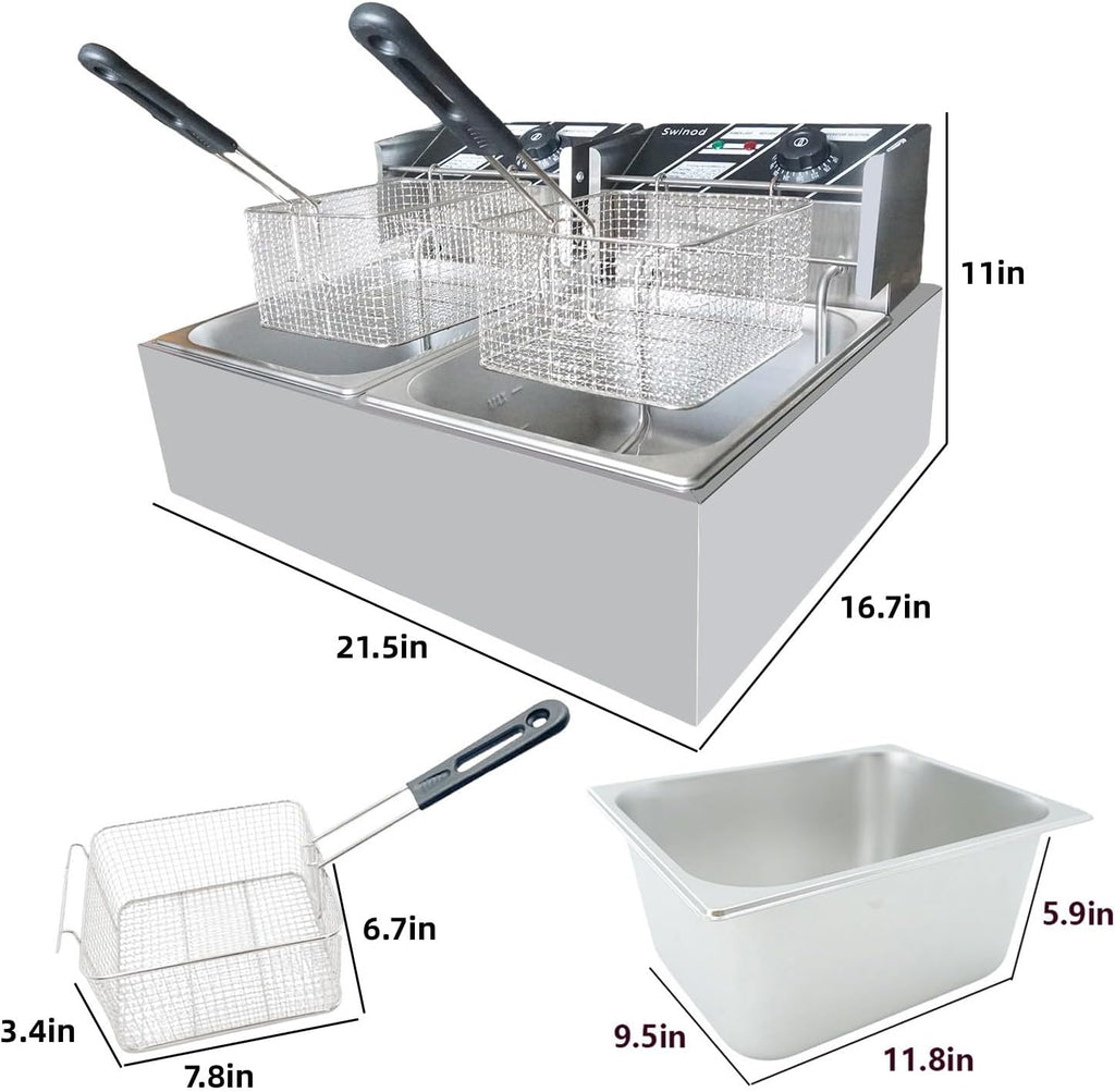 Commercial Deep Fryer with Baskets, 3400W 12.7QT/12L Thickened Stainless Steel Countertop Electric Oil Fryer, Large Capacity with Temperature Control
