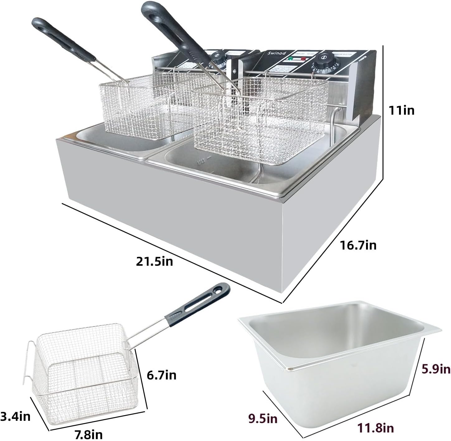 Commercial Deep Fryer with Baskets, 3400W 12.7QT/12L Thickened Stainless Steel Countertop Electric Oil Fryer, Large Capacity with Temperature Control