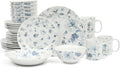 Martha Stewart Empress Bouquet 30 Piece Decorated Porcelain Chip and Scratch Resistant Dinnerware Plates and Bowls Set - Blue Floral