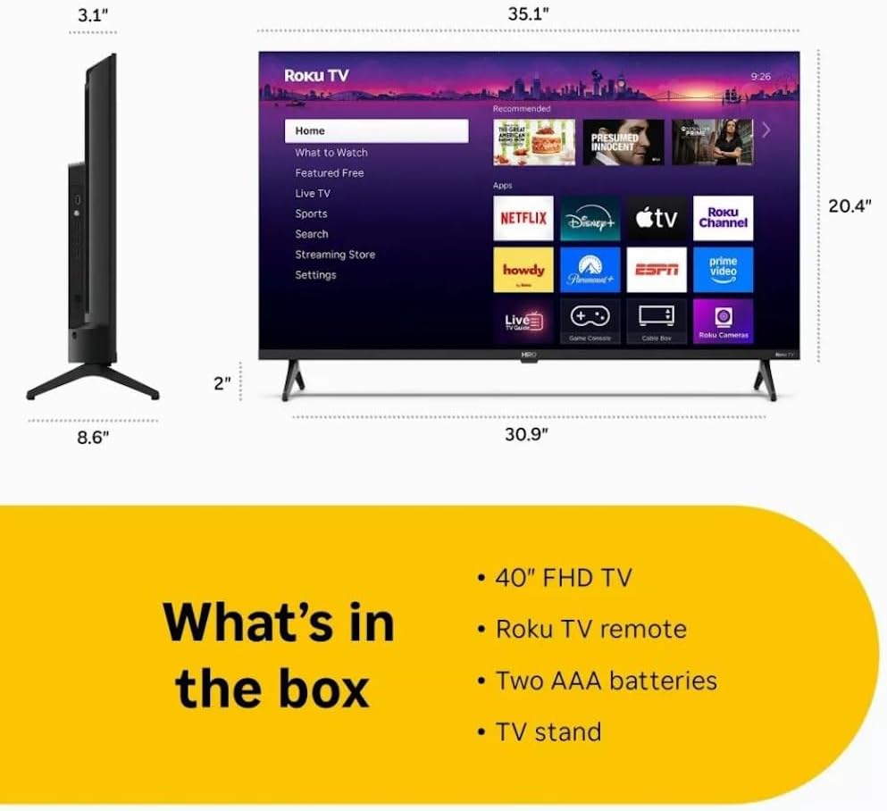 Roku Hiro TV 40" 1080p Full HD Smart TV with Dolby Audio for Streaming, LED Direct Lit, with Wi-Fi, Bluetooth, 3X HDMI Ports - H40C3C4 (Renewed)
