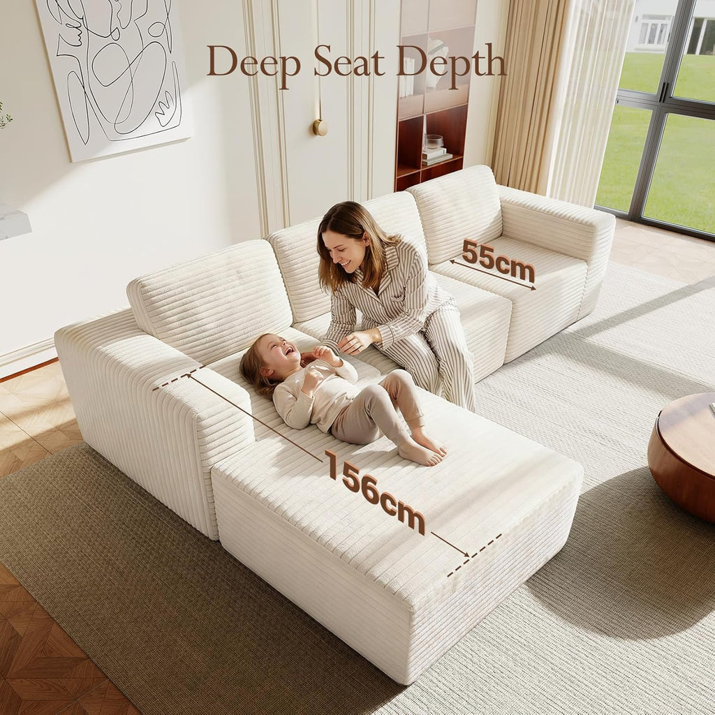 Vesgantti 119" L-Shaped Modular Sectional Sofa, Corduroy Cloud Couch with Deep Seating & Spring Support, Flexible Layout Sofa with Ottoman, Boneless Style, No Assembly Required, Beige