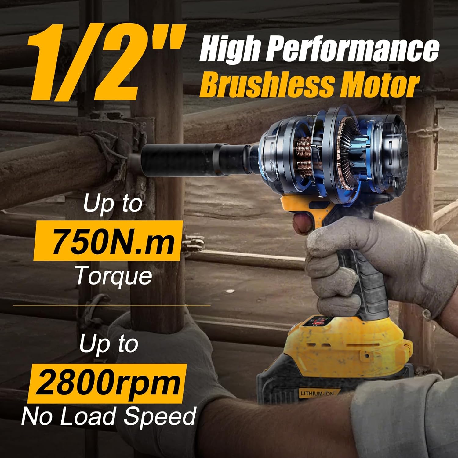 1/2 inch Brushless Impact Wrench 750N.m(553 Ft-lbs) 20V High Torque Impact Gun with 2x4.0AH Battery and Fast Charger Cordless Impact Driver for Car,Construction,Building,DIY