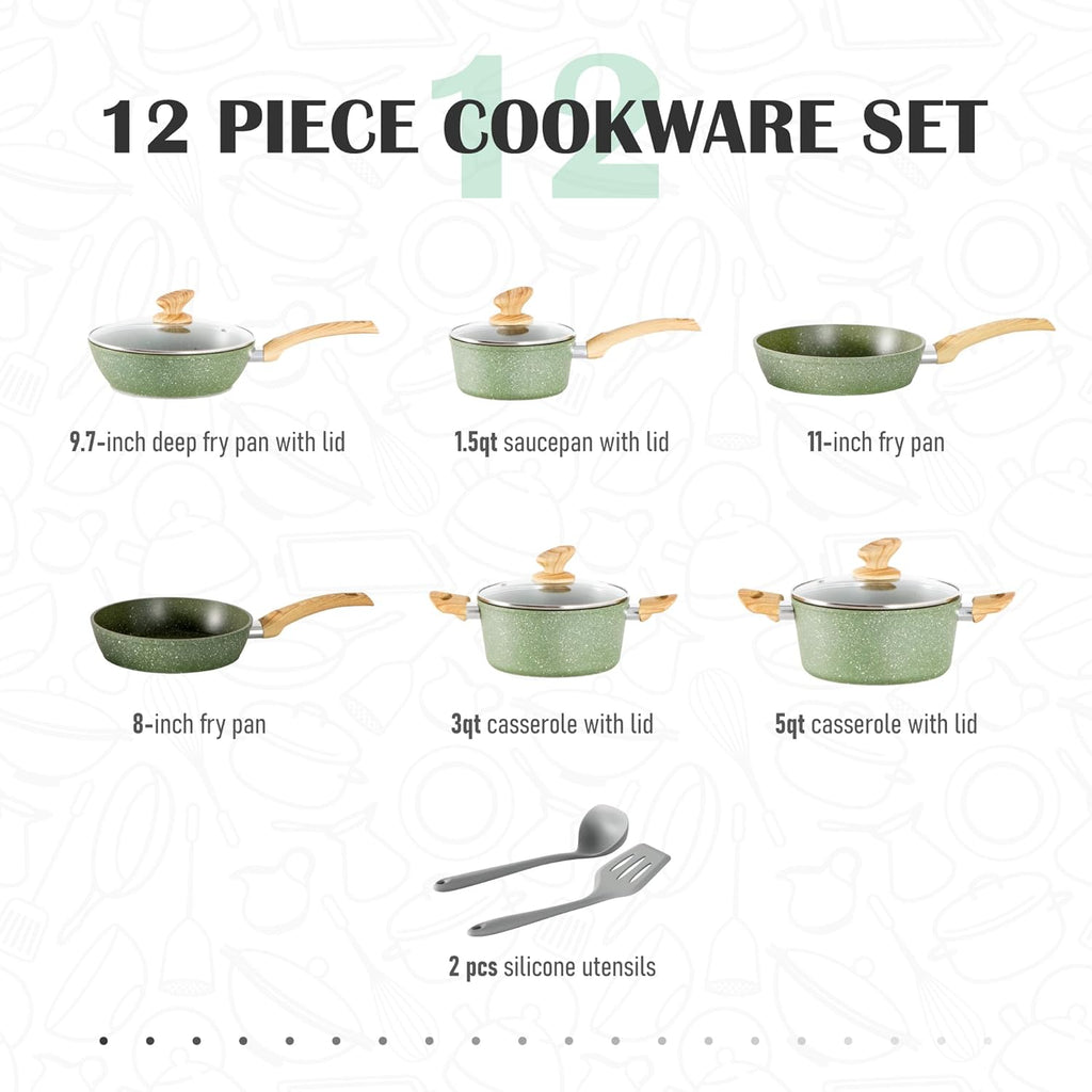 MAISON ARTS Pots and Pans Set Non Stick, 12 Piece Green Granite Kitchen Cookware Induction Compatible, Cooking Sets Pots and Pans Nonstick