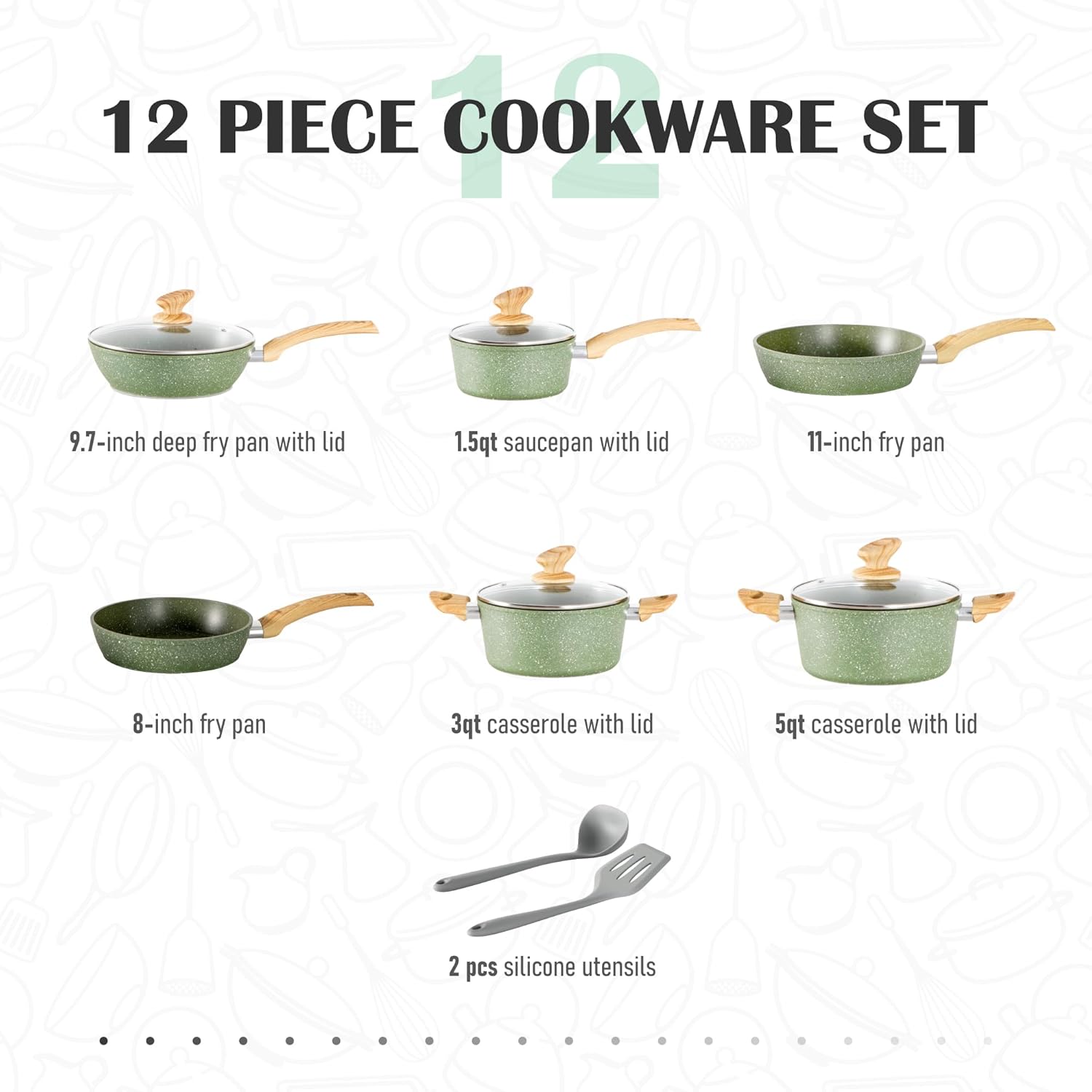 MAISON ARTS Pots and Pans Set Non Stick, 12 Piece Green Granite Kitchen Cookware Induction Compatible, Cooking Sets Pots and Pans Nonstick
