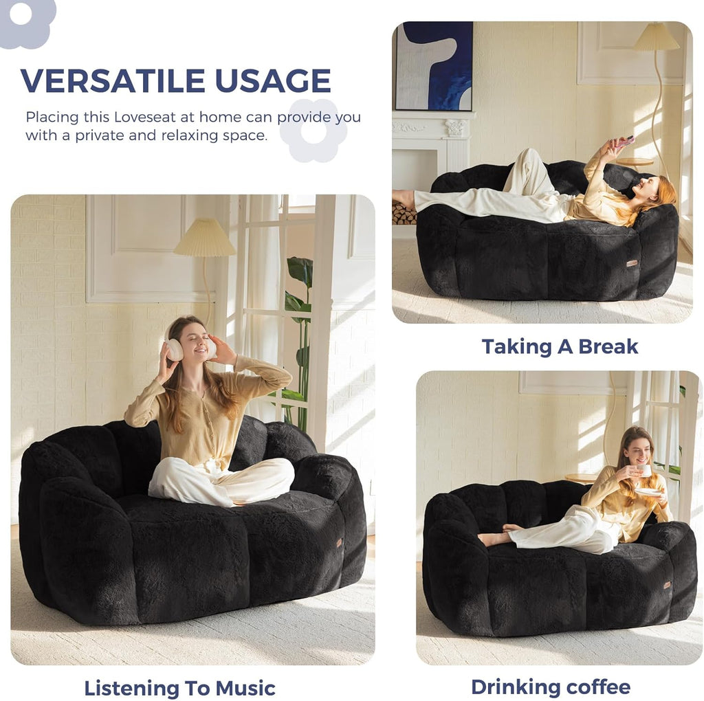 MAXYOYO Bean Bag Chair for Adults, Loveseat Floral Shaped Bean Bag Sofa, Ultra Soft Love Seat Mini Sofa Couch, Faux Fur Reading Chair for Living Room Bedroom, Black
