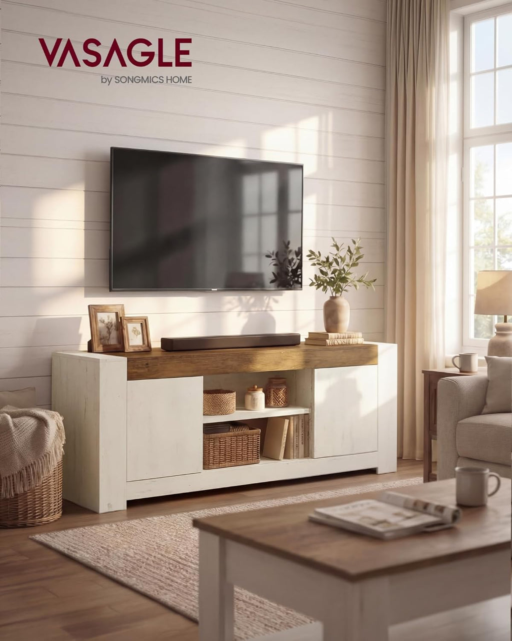 VASAGLE TV Stand, Farmhouse Entertainment Center with Storage Cabinets, Media Console Table for Living Room, Bedroom, for 65 Inch TV, 58 x 15.7 x 23.6 Inches, Rustic White and Honey Brown ULTV623W201S