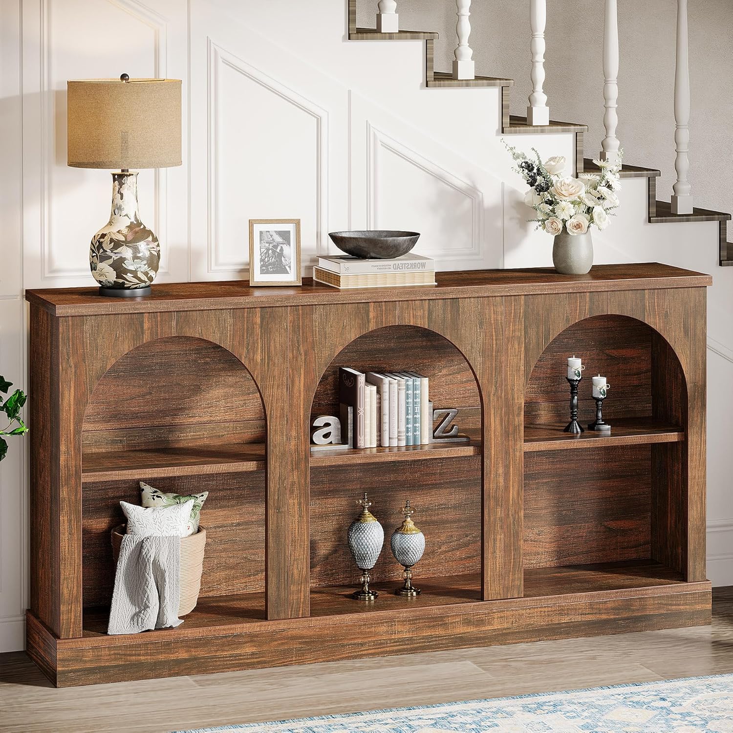 Tribesigns Farmhouse Console Table, 63-Inch Long 3 Tier Entryway Table with Storage, Wooden Rectangular Sofa Table Behind The Couch for Entrance, Hallway, Living Room, Dark Brown