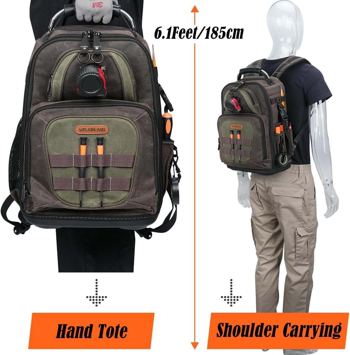WELKINLAND 36-Pockets Electrician Backpack, Hard-Based HVAC Backpacks, Waxed-Canvas Technician Backpack, Heavy-Duty Tool Backpacks For Men