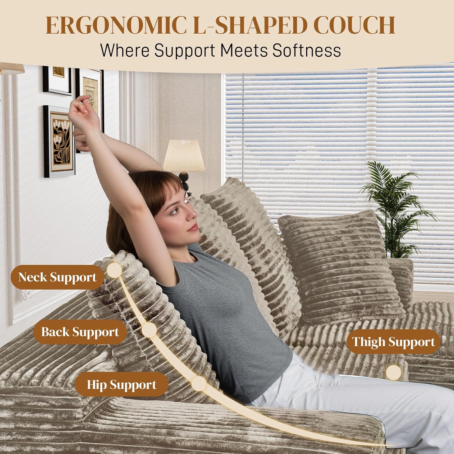 108" L Shaped Boneless Sectional Couches for Living Room, Comfy Corduroy Floor Cloud Sofa with Chaise, Wide Armrest, Deep Seat, Memory Foam, Assembly Free, Ideal for Small Spaces, Brown