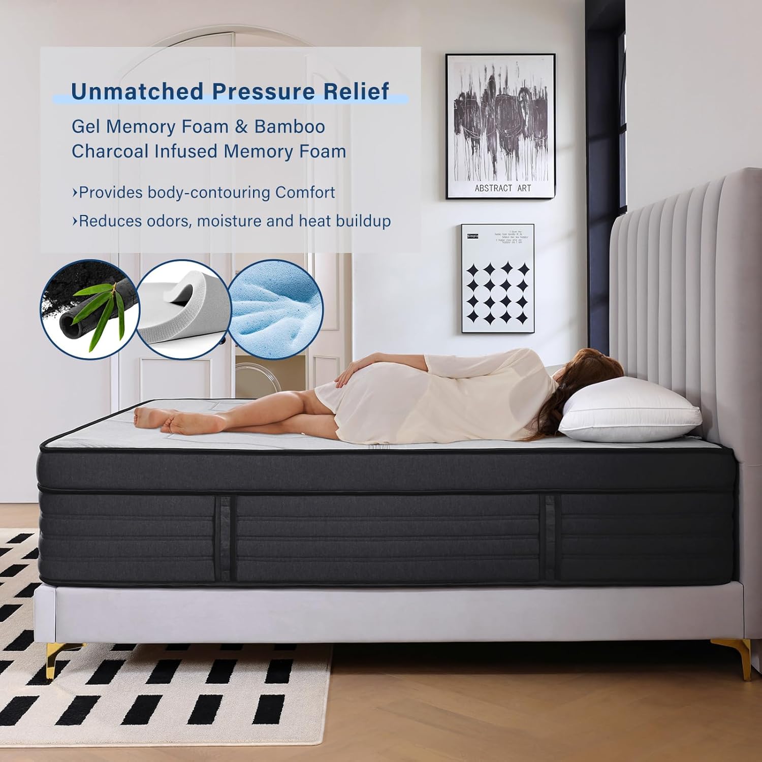 Suiforlun 15" Queen Mattress, Gel & Bamboo Charcoal Infused Memory Foam, Medium Euro Top Hybrid Pocket Spring Mattress for Restful Sleep, Enhanced Pressure Relief and Edge Support, 120 Nights Trial